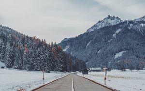 Preview wallpaper mountains, road, snow, marking, trees