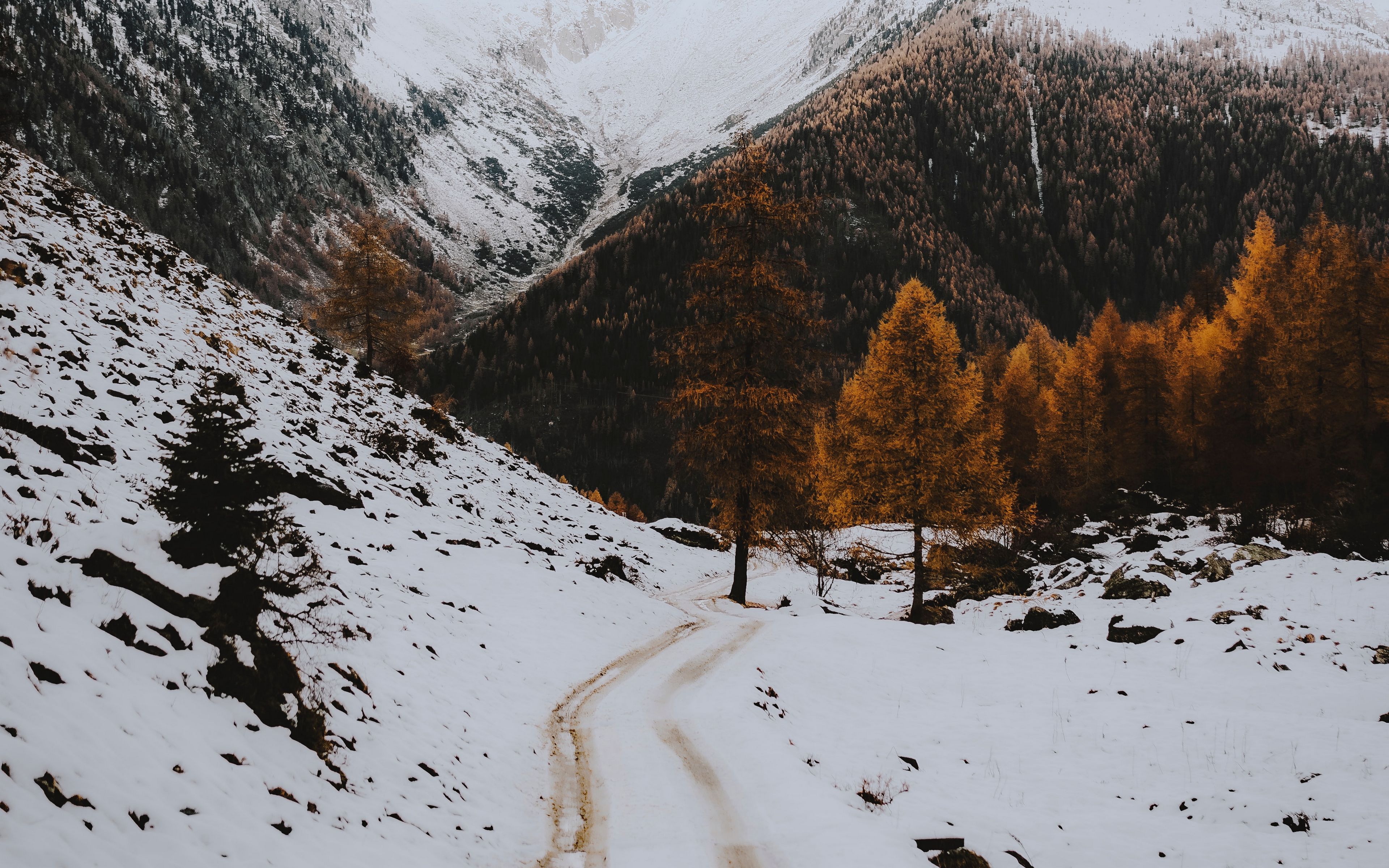 Download wallpaper 3840x2400 mountains, road, snow, winter, landscape ...