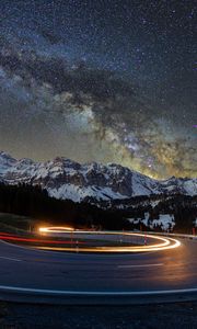 Preview wallpaper mountains, road, snowy, marking