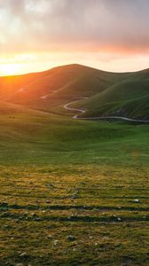 Preview wallpaper mountains, road, sunset, field