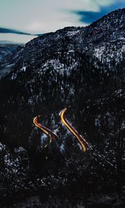 Preview wallpaper mountains, road, top, light, snowy