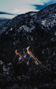 Preview wallpaper mountains, road, top, light, snowy