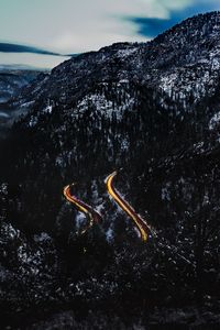 Preview wallpaper mountains, road, top, light, snowy