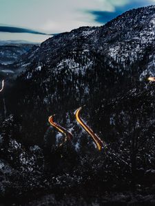 Preview wallpaper mountains, road, top, light, snowy