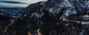 Preview wallpaper mountains, road, top, light, snowy