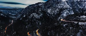 Preview wallpaper mountains, road, top, light, snowy