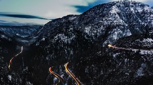 Preview wallpaper mountains, road, top, light, snowy