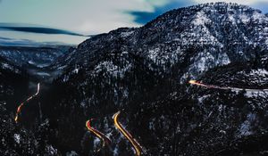 Preview wallpaper mountains, road, top, light, snowy