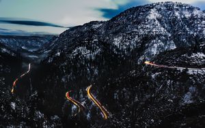 Preview wallpaper mountains, road, top, light, snowy