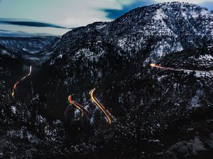 Preview wallpaper mountains, road, top, light, snowy