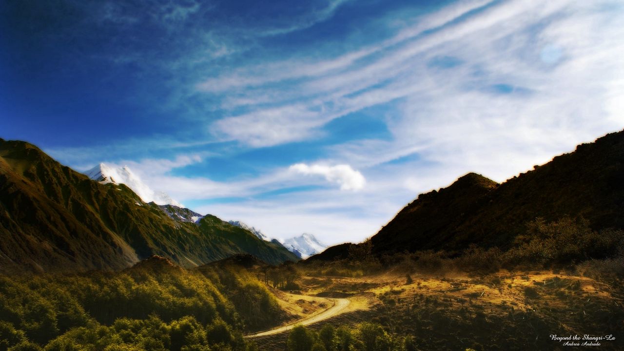 Wallpaper mountains, road, trees, sky, blue