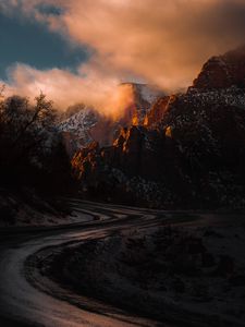 Preview wallpaper mountains, road, turn, sunset, zion national park, united states