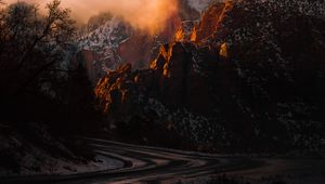 Preview wallpaper mountains, road, turn, sunset, zion national park, united states