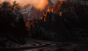 Preview wallpaper mountains, road, turn, sunset, zion national park, united states