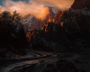 Preview wallpaper mountains, road, turn, sunset, zion national park, united states