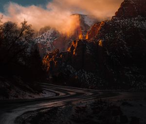 Preview wallpaper mountains, road, turn, sunset, zion national park, united states