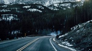 Preview wallpaper mountains, road, turn, peaks, snow