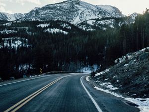 Preview wallpaper mountains, road, turn, peaks, snow