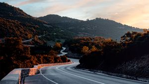 Preview wallpaper mountains, road, turns, trees, twilight