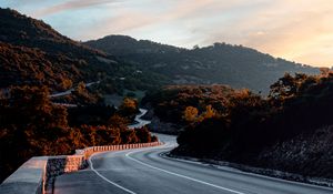 Preview wallpaper mountains, road, turns, trees, twilight