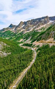 Preview wallpaper mountains, road, winding, spruce, forest