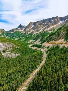 Preview wallpaper mountains, road, winding, spruce, forest