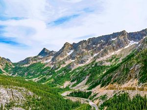 Preview wallpaper mountains, road, winding, spruce, forest