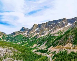 Preview wallpaper mountains, road, winding, spruce, forest