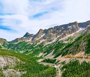 Preview wallpaper mountains, road, winding, spruce, forest