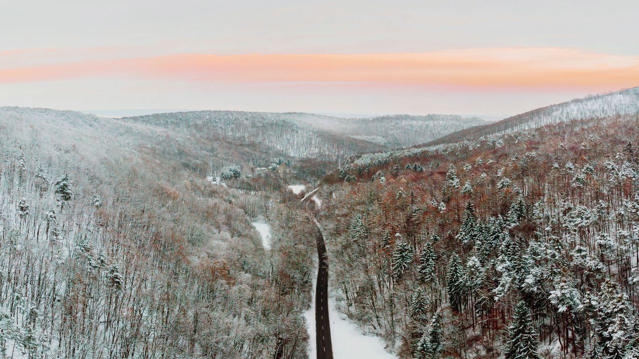 Wallpaper mountains, road, winter, aerial view, snow