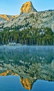 Preview wallpaper mountains, rock, forest, reflection, lake, nature