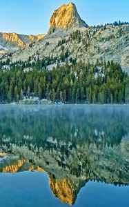 Preview wallpaper mountains, rock, forest, reflection, lake, nature