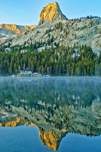 Preview wallpaper mountains, rock, forest, reflection, lake, nature