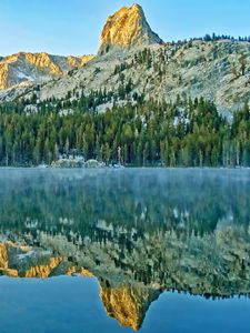 Preview wallpaper mountains, rock, forest, reflection, lake, nature