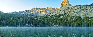 Preview wallpaper mountains, rock, forest, reflection, lake, nature