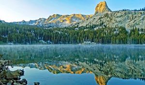 Preview wallpaper mountains, rock, forest, reflection, lake, nature