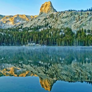 Preview wallpaper mountains, rock, forest, reflection, lake, nature