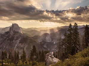 Preview wallpaper mountains, rock, man, landscape, nature