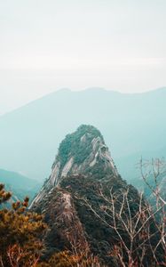 Preview wallpaper mountains, rock, peak, fog, landscape