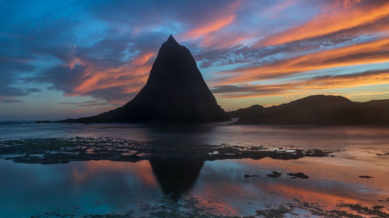 Wallpaper mountains, rock, sea, reflection, sky