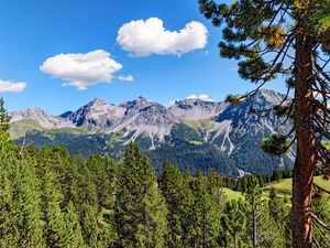Preview wallpaper mountains, rocks, branches, trees, sky, clouds