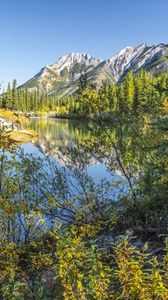 Preview wallpaper mountains, rocks, branches, trees, lake