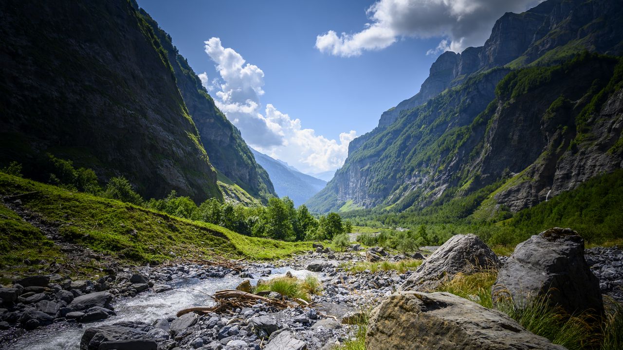 Wallpaper mountains, rocks, bushes, river
