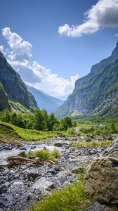 Preview wallpaper mountains, rocks, bushes, river