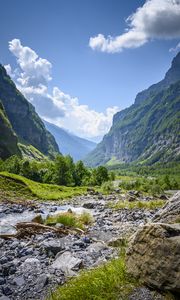 Preview wallpaper mountains, rocks, bushes, river