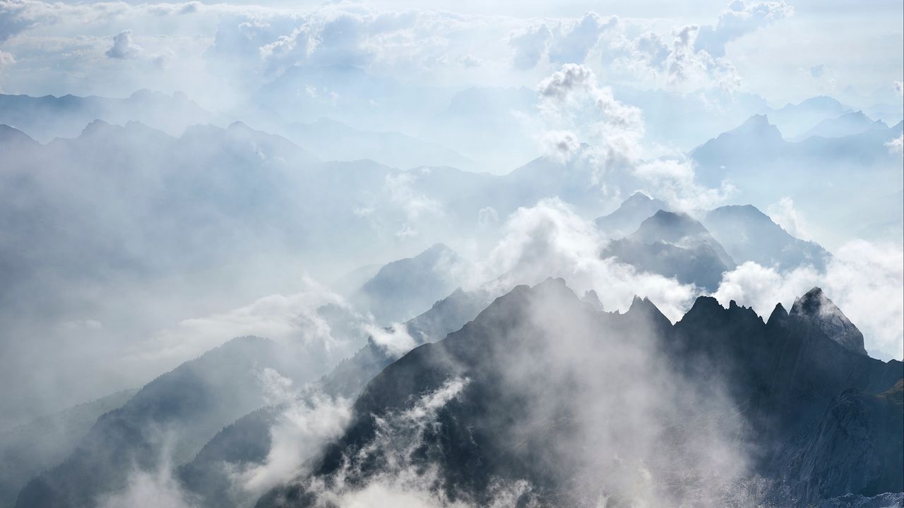 Wallpaper mountains, rocks, clouds, fog, grass