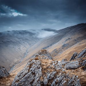 Preview wallpaper mountains, rocks, clouds, valley, landscape