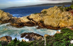 Preview wallpaper mountains, rocks, coast, stones, sea, vegetation, horizon, landscape