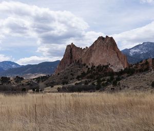 Preview wallpaper mountains, rocks, field, clouds, nature