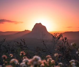 Preview wallpaper mountains, rocks, flowers, sunset, peak